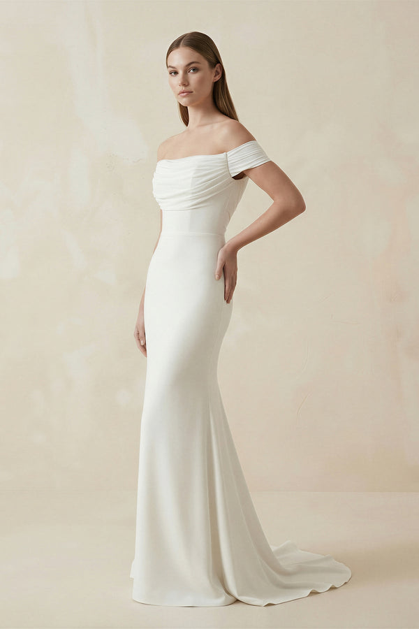 Off - the - Shoulder Mermaid Satin Pleated Wedding Dress in White - SHE IS ME Wedding Dresses