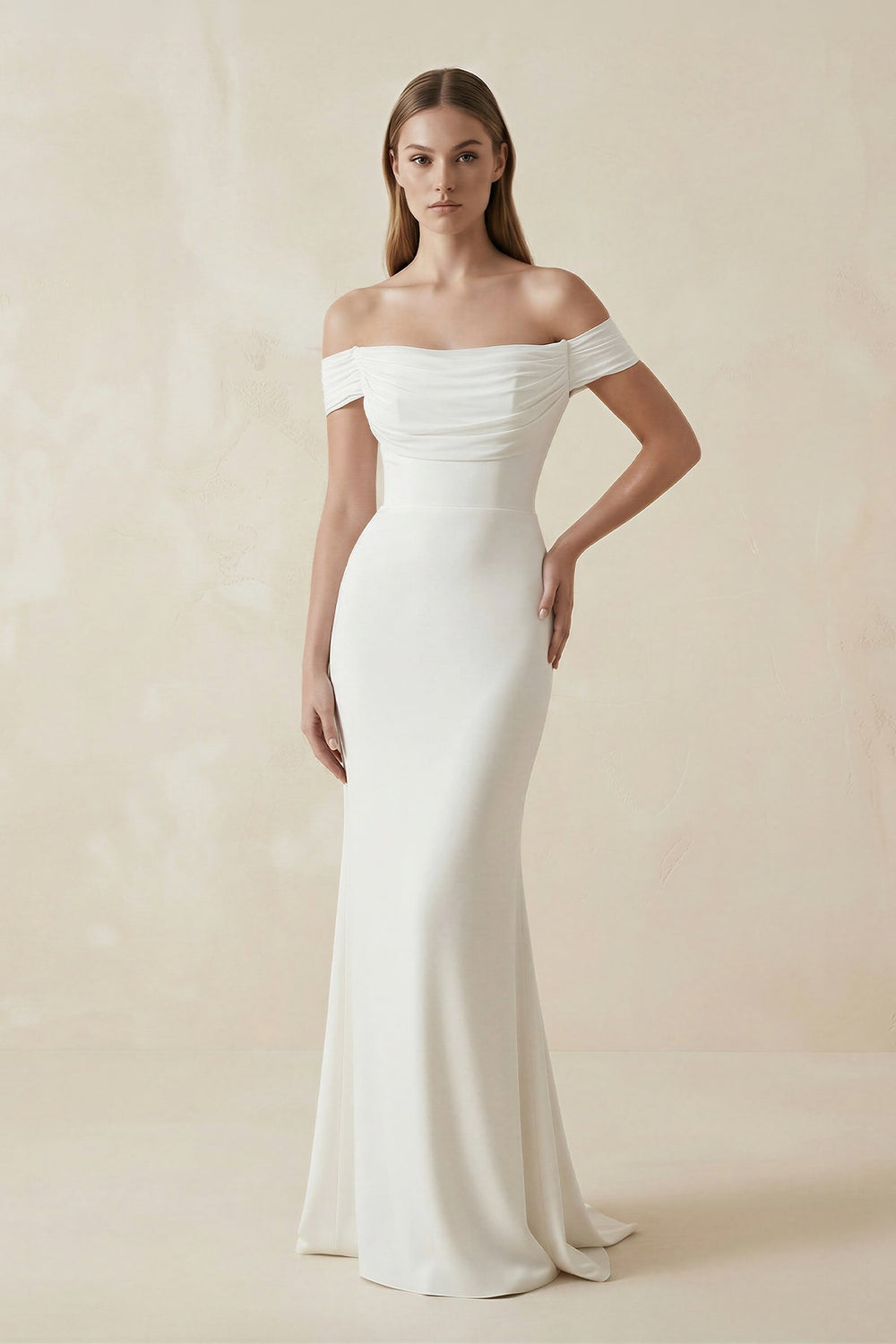 Off - the - Shoulder Mermaid Satin Pleated Wedding Dress in White - SHE IS ME Wedding Dresses