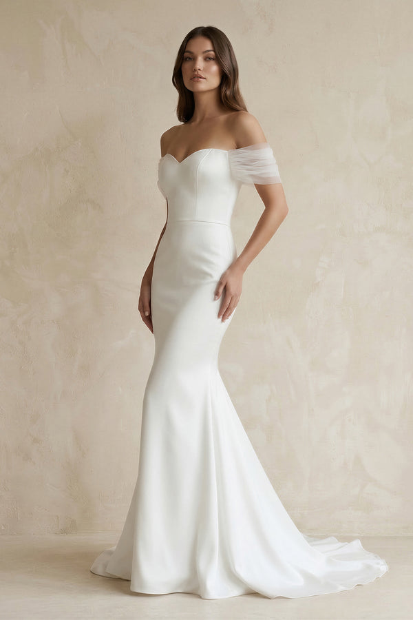 Off - the - Shoulder Mermaid Satin Wedding Dress in White - SHE IS ME Wedding Dresses
