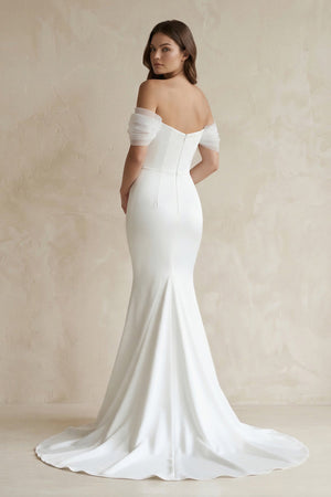 Off - the - Shoulder Mermaid Satin Wedding Dress in White - SHE IS ME Wedding Dresses