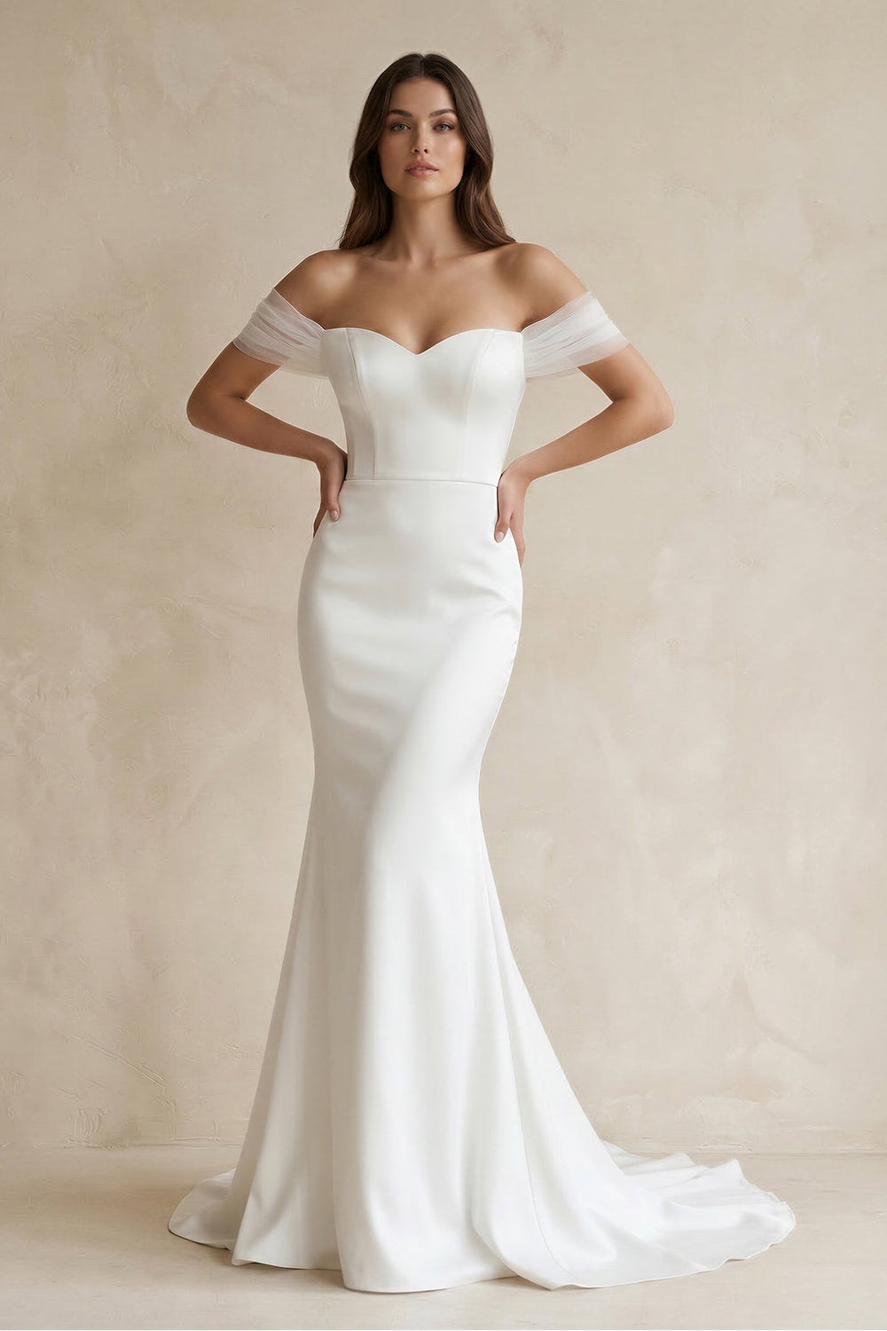 Off - the - Shoulder Mermaid Satin Wedding Dress in White - SHE IS ME Wedding Dresses