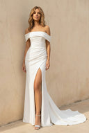 Off The Shoulder Mermaid Satin Wedding Dress With Slit in White - SHE IS ME Wedding Dresses