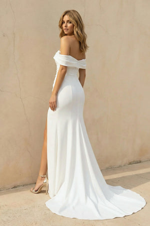 Off The Shoulder Mermaid Satin Wedding Dress With Slit in White - SHE IS ME Wedding Dresses