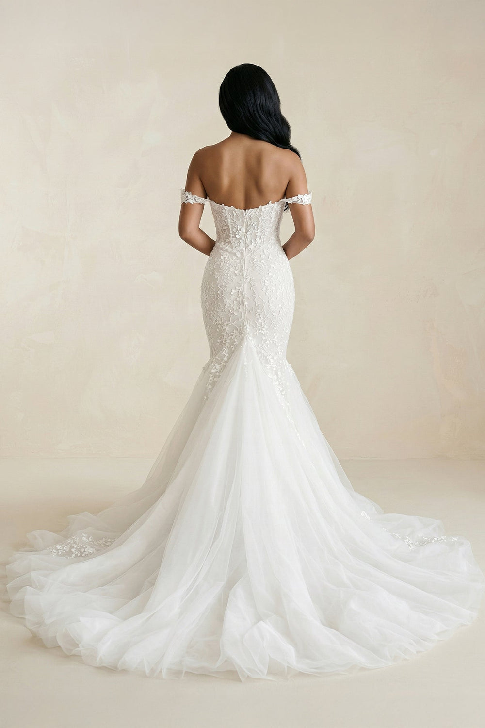 Off - the - Shoulder Mermaid Tulle Appliqued Wedding Dress in White - SHE IS ME Wedding Dresses