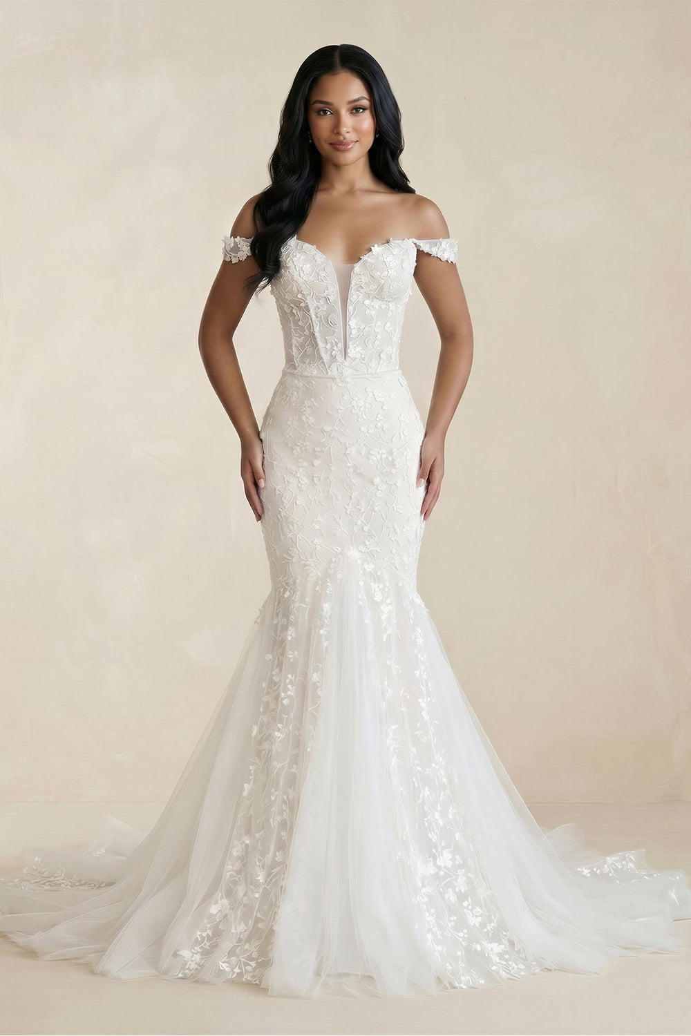 Off - the - Shoulder Mermaid Tulle Appliqued Wedding Dress in White - SHE IS ME Wedding Dresses