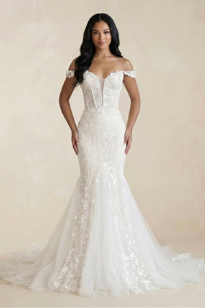 Off - the - Shoulder Mermaid Tulle Appliqued Wedding Dress in White - SHE IS ME Wedding Dresses