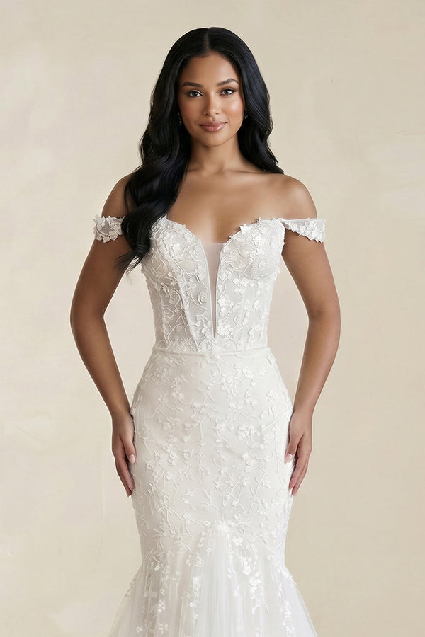 Off - the - Shoulder Mermaid Tulle Appliqued Wedding Dress in White - SHE IS ME Wedding Dresses