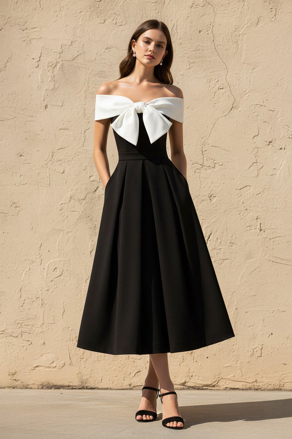 Off The Shoulder Midi Dress With Bow in Black and White - SHE IS ME