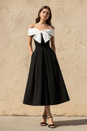 Off The Shoulder Midi Dress With Bow in Black and White - SHE IS ME