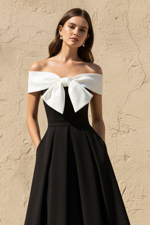 Off The Shoulder Midi Dress With Bow in Black and White - SHE IS ME