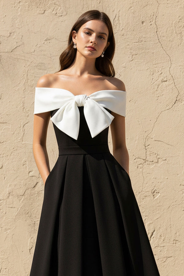 Off The Shoulder Midi Dress With Bow in Black and White - SHE IS ME