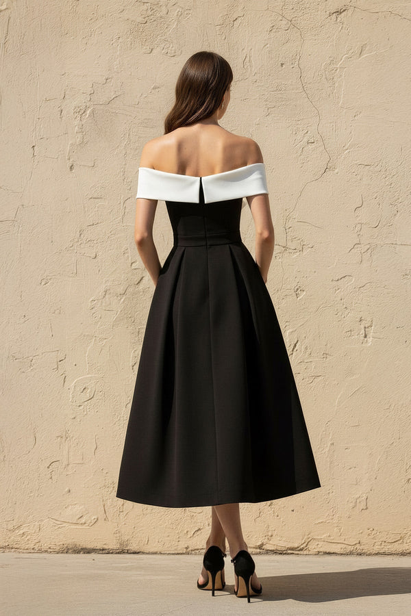 Off The Shoulder Midi Dress With Bow in Black and White - SHE IS ME
