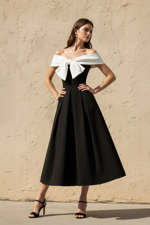 Off The Shoulder Midi Dress With Bow in Black and White - SHE IS ME