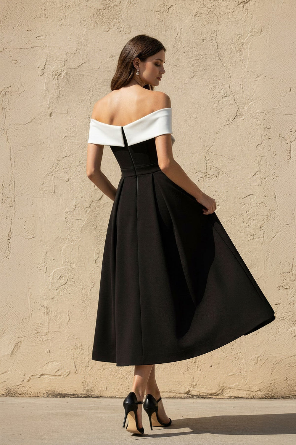 Off The Shoulder Midi Dress With Bow in Black and White - SHE IS ME