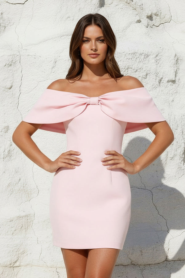 Sheisme-Pink Off-the-Shoulder Sheath Mini Bowknot Evening Cocktail Party Dress