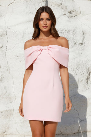 Sheisme-Pink Off-the-Shoulder Sheath Mini Bowknot Evening Cocktail Party Dress