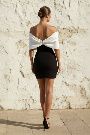 Sheisme-Black & White Off-the-Shoulder Sheath Mini Bowknot Evening Cocktail Party Dress