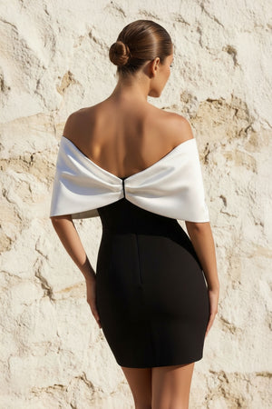 Sheisme-Black & White Off-the-Shoulder Sheath Mini Bowknot Evening Cocktail Party Dress