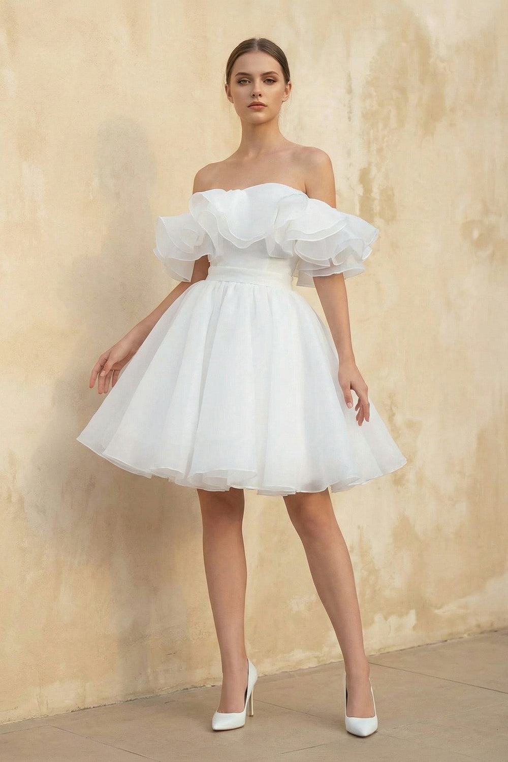 Off The Shoulder Organza A Line Wedding Dress in White - SHE IS ME Wedding Dresses