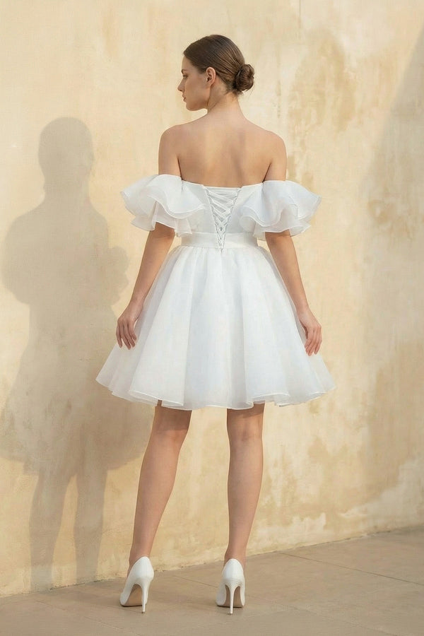 Off The Shoulder Organza A Line Wedding Dress in White - SHE IS ME Wedding Dresses