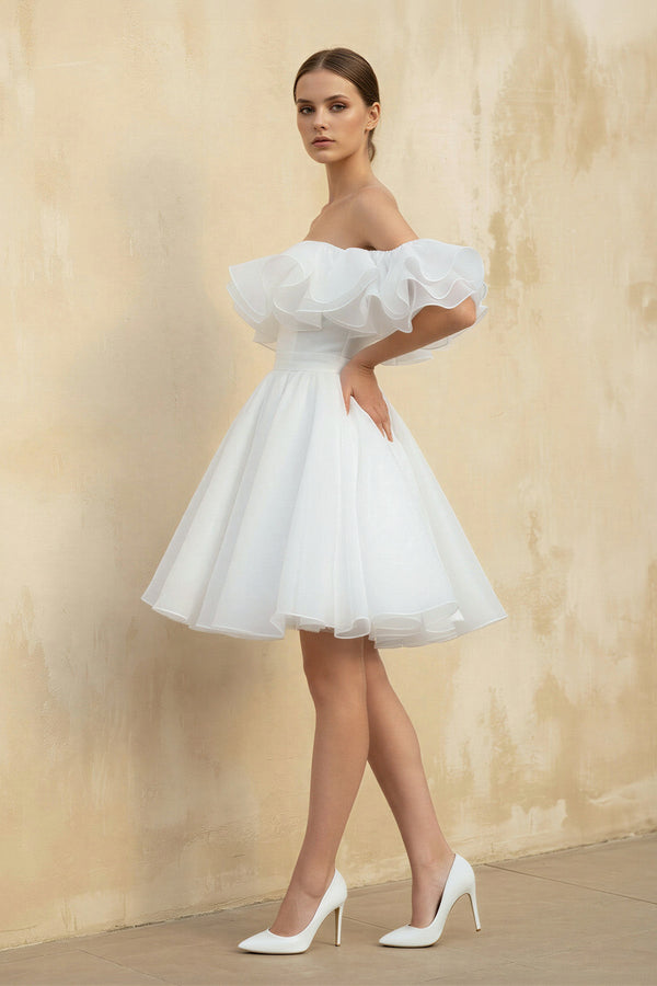 Off The Shoulder Organza A Line Wedding Dress in White - SHE IS ME Wedding Dresses