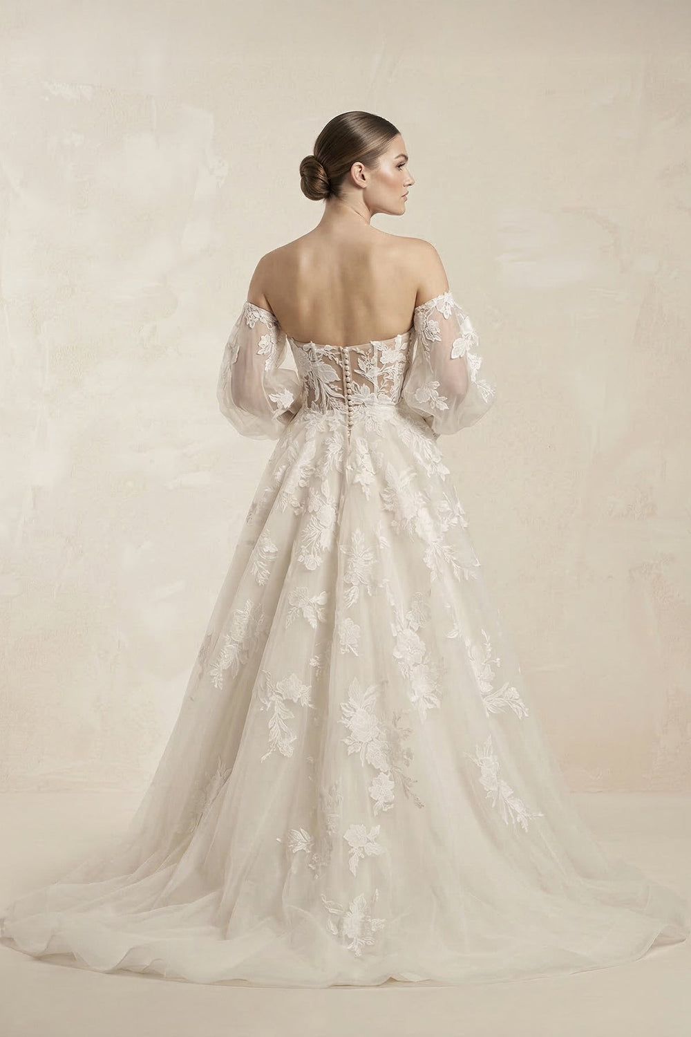 Off - the - Shoulder Organza Puff Sleeve Appliqued Wedding Dress in Ivory - SHE IS ME Wedding Dresses