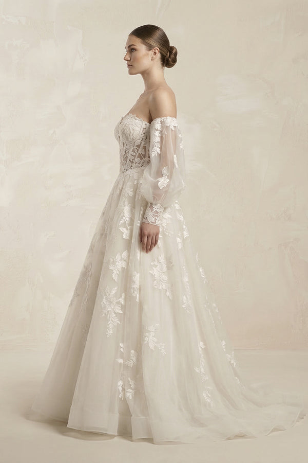 Off - the - Shoulder Organza Puff Sleeve Appliqued Wedding Dress in Ivory - SHE IS ME Wedding Dresses