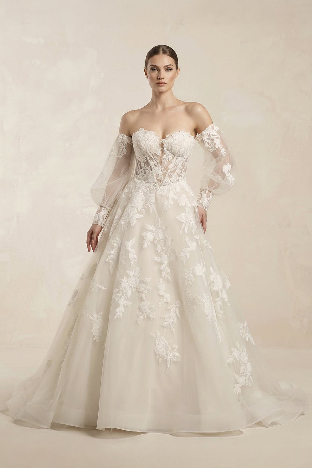 Off - the - Shoulder Organza Puff Sleeve Appliqued Wedding Dress in Ivory - SHE IS ME Wedding Dresses