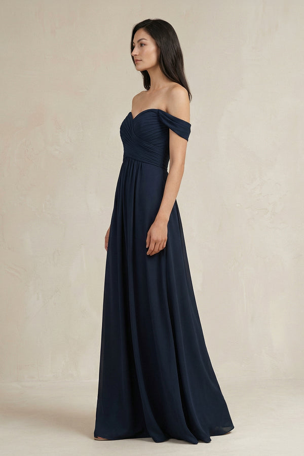 Off - the - Shoulder Pleated A - Line Chiffon Bridesmaid Dress - SHE IS ME Bridesmaid Dresses