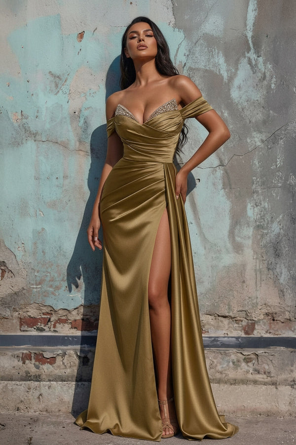 Off The Shoulder Pleated Gown With Beading in Gold - SHE IS ME