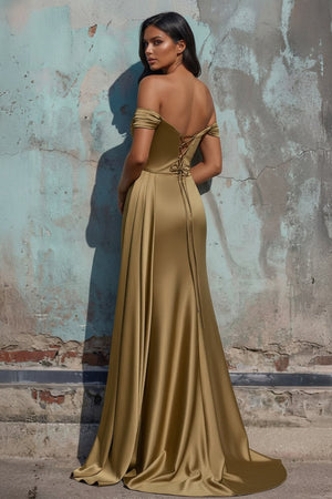Off The Shoulder Pleated Gown With Beading in Gold - SHE IS ME