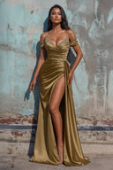 Off The Shoulder Pleated Gown With Beading in Gold - SHE IS ME