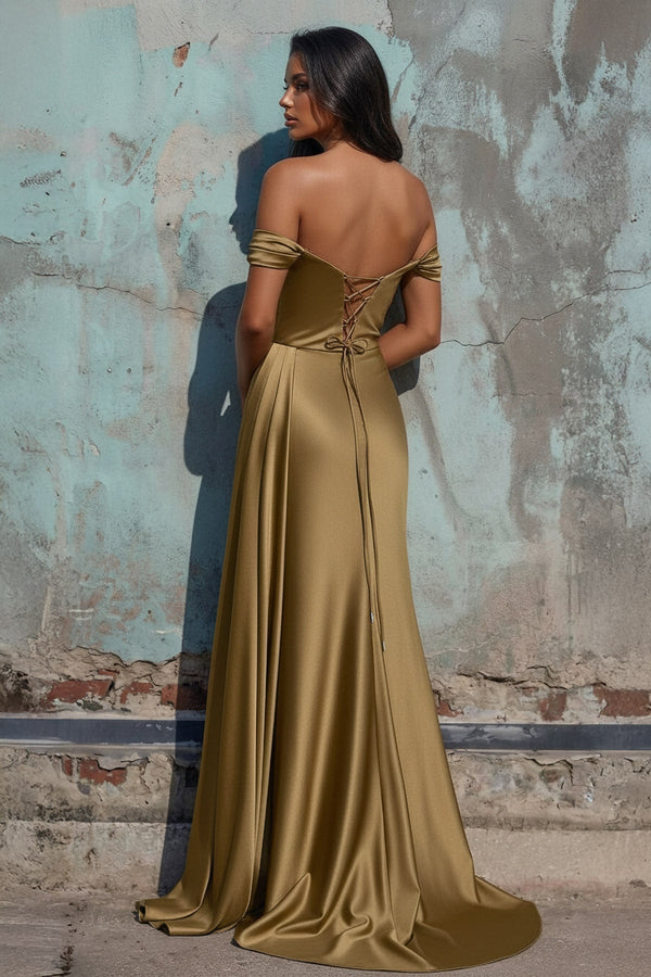 Off The Shoulder Pleated Gown With Beading in Gold - SHE IS ME