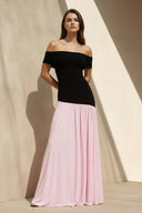 Off The Shoulder Pleated Maxi Dress in Black and Pink - SHE IS ME