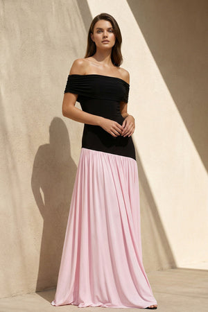 Off The Shoulder Pleated Maxi Dress in Black and Pink - SHE IS ME