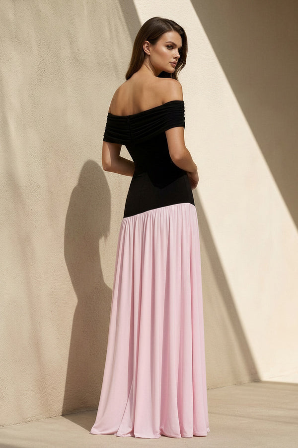 Off The Shoulder Pleated Maxi Dress in Black and Pink - SHE IS ME