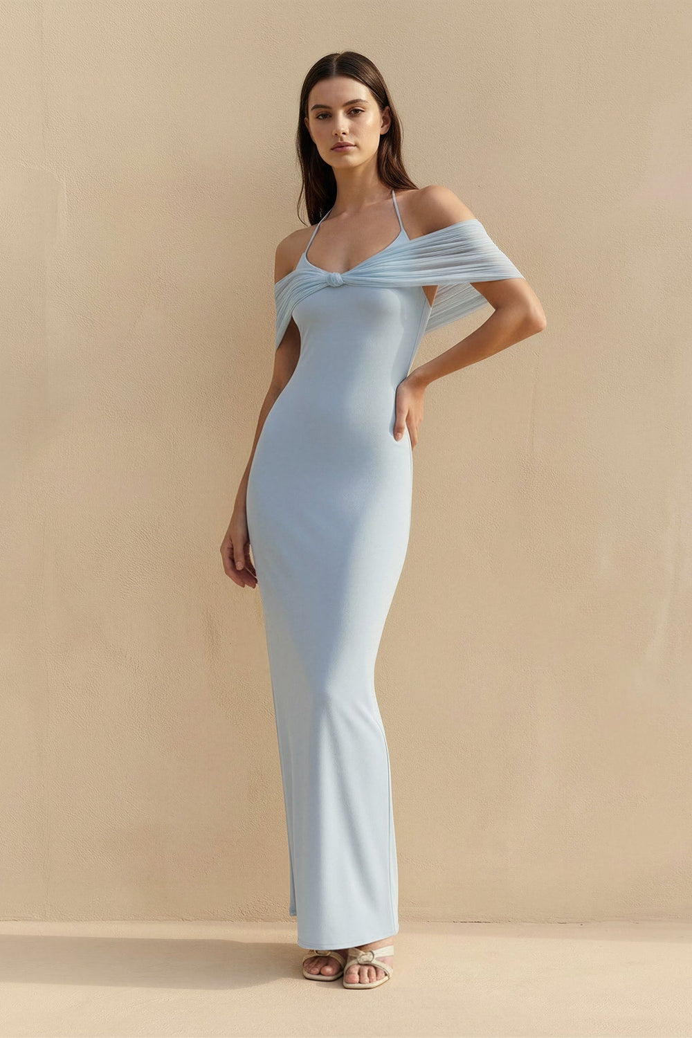 Off The Shoulder Pleated Maxi Dress in Sky Blue - SHE IS ME