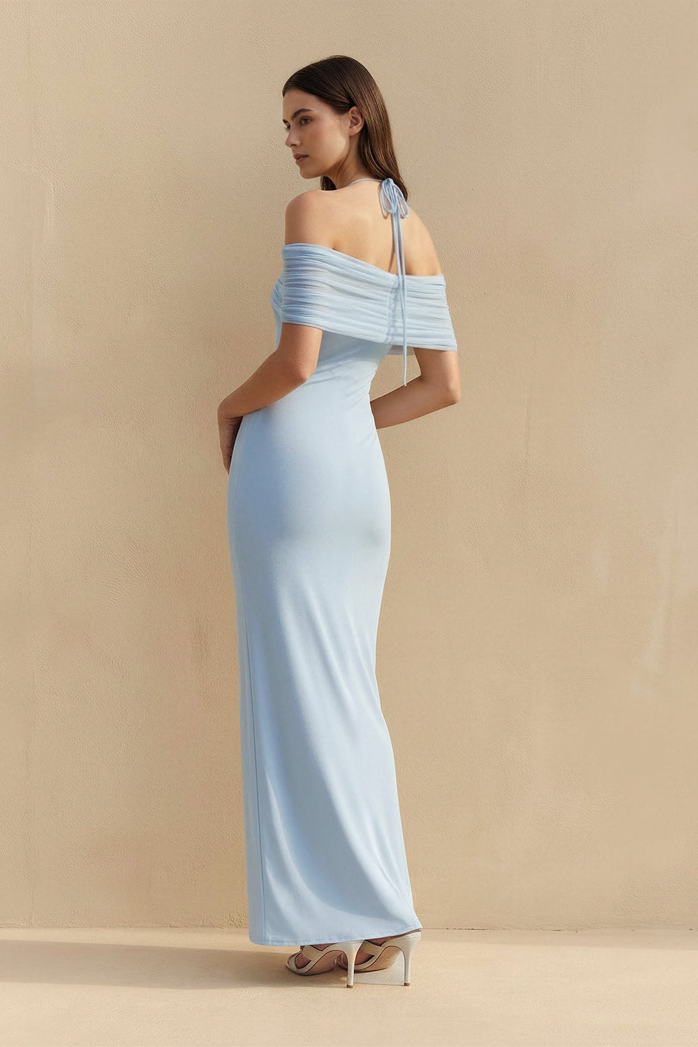 Off The Shoulder Pleated Maxi Dress in Sky Blue - SHE IS ME
