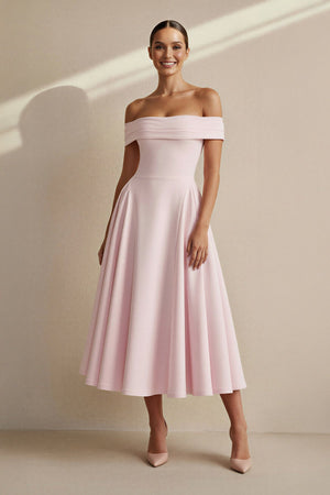Off The Shoulder Pleated Midi Dress in Pink - SHE IS ME