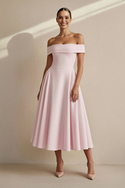 Off The Shoulder Pleated Midi Dress in Pink - SHE IS ME