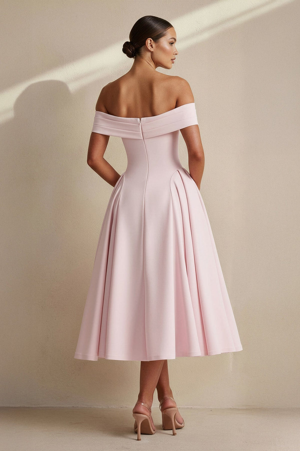 Off The Shoulder Pleated Midi Dress in Pink - SHE IS ME