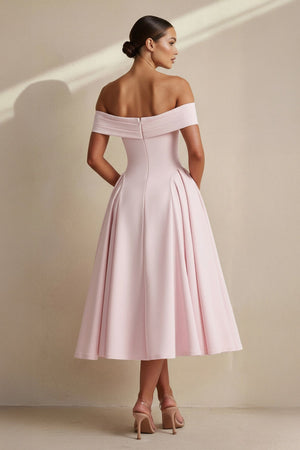 Off The Shoulder Pleated Midi Dress in Pink - SHE IS ME
