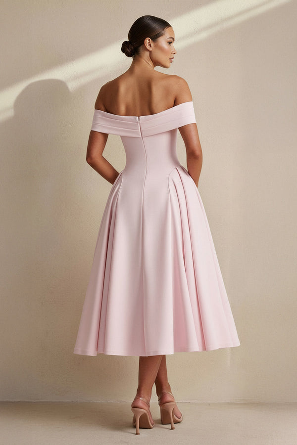 Off The Shoulder Pleated Midi Dress in Pink - SHE IS ME