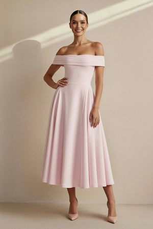 Off The Shoulder Pleated Midi Dress in Pink - SHE IS ME