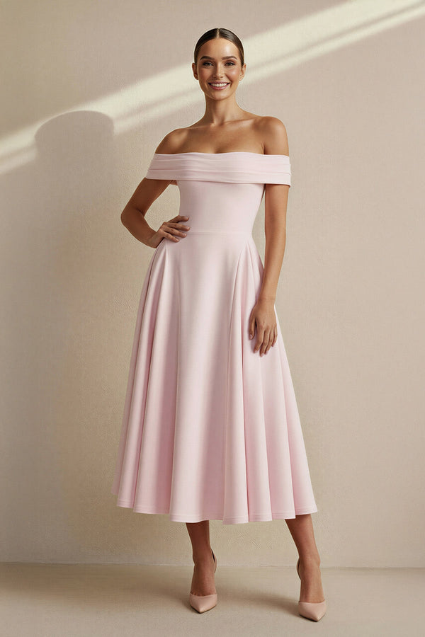 Off The Shoulder Pleated Midi Dress in Pink - SHE IS ME