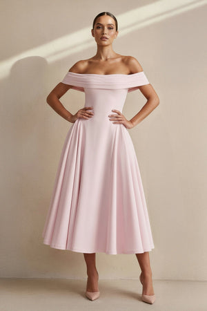 Off The Shoulder Pleated Midi Dress in Pink - SHE IS ME