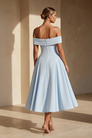 Off The Shoulder Pleated Midi Dress in Sky Blue - SHE IS ME