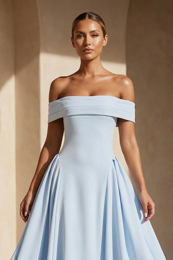 Off The Shoulder Pleated Midi Dress in Sky Blue - SHE IS ME