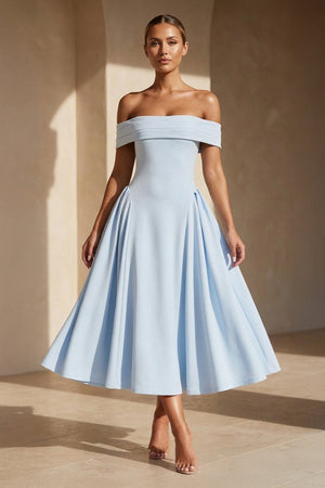 Off The Shoulder Pleated Midi Dress in Sky Blue - SHE IS ME
