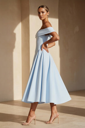 Off The Shoulder Pleated Midi Dress in Sky Blue - SHE IS ME